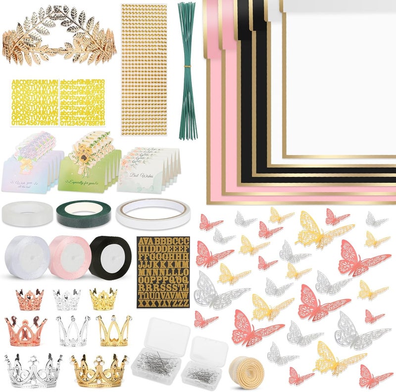 Besuper 260Pcs Flower Bouquet Wrapping Paper Kit, 60 Sheets Waterproof Paper, 36 Butterflies, 8 Crowns, 1 Headband, 4 Ribbons, 15 Cards, 100 Diamond Pins, 30 Floral Wire, 3 Stickers, 3 Tapes (3 Mix Colors) - Image 1